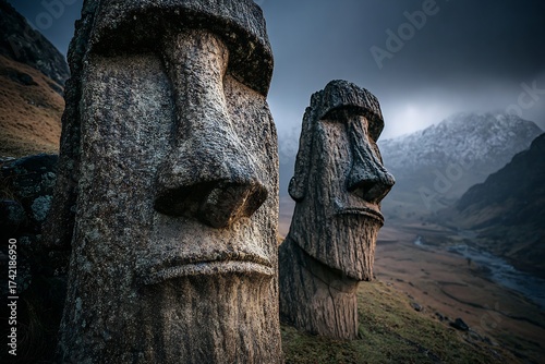 Discover the Enigmatic Beauty of Moai Statues Standing Proudly Against a Dramatic Mountain Backdrop, Evoking a Sense of Wonder and Ancient Mystery