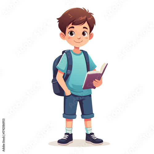 Cheerful cartoon boy student with backpack holding open book smiling.
