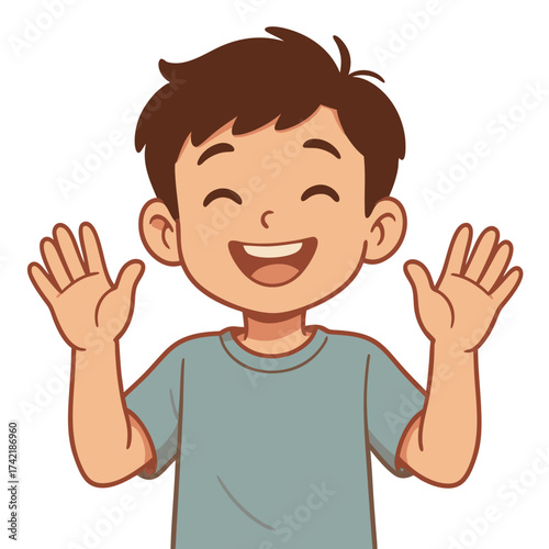 Cheerful Cartoon Boy Waving Both Hands with a Big Happy Smile.