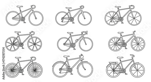 Line art illustration displaying various bicycle designs in a grid pattern