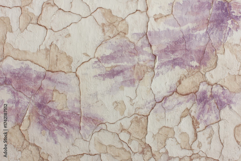 Naklejka premium A textured surface displays a network of deep cracks and subtle, muted purple hues, overlayed on a light beige foundation.