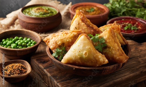 Golden Samosas With Green Chutney And Peas On Wooden Table Keywords: samosa, indian food, fried