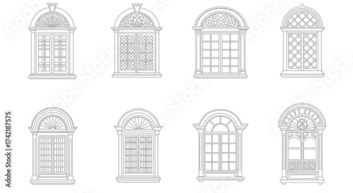 Collection of vintage arched windows in a detailed grayscale sketch
