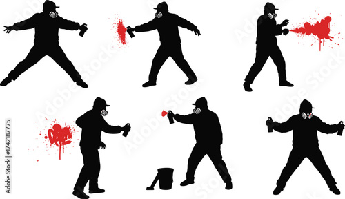 Silhouette of graffiti artist spraying paint on wall, urban street art illustration with spray cans and red paint splatter effect