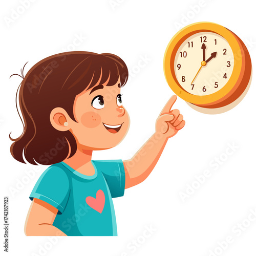 Cheerful cartoon girl with white hair and a ponytail pointing at a yellow analog clock learning to tell time.