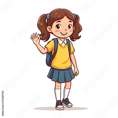 Cheerful cartoon schoolgirl with pigtails wearing yellow uniform and blue backpack waving hand.