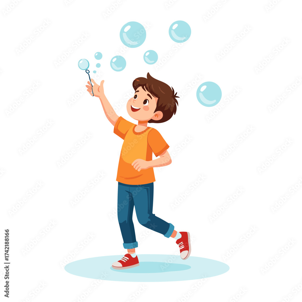 Fototapeta premium Cheerful young boy blowing iridescent soap bubbles with a wand.