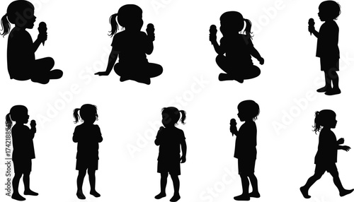 Silhouette of little girl eating ice cream, childhood happiness, summer fun, sweet treat moment, minimalist black vector design illustration
