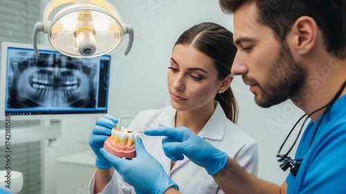 dentists discuss dental model oral care explanation