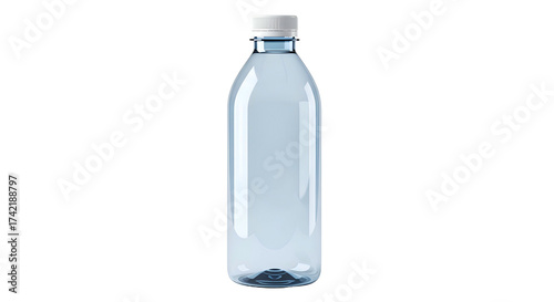 Clear plastic water bottle with a white cap on a black background