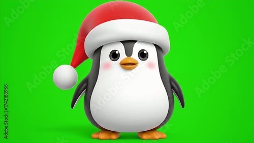 A cute 3D animated cartoon penguin wearing a red Santa hat waves happily on a green screen background, perfect for holiday greetings.