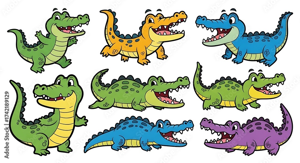 Fototapeta premium Set of cute and colorful cartoon crocodiles, isolated on white background