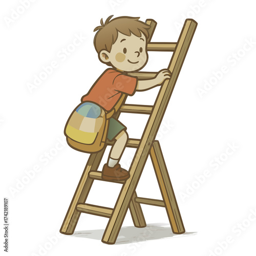 Cute cartoon boy with backpack climbing a wooden ladder smiling and looking up vector illustration.