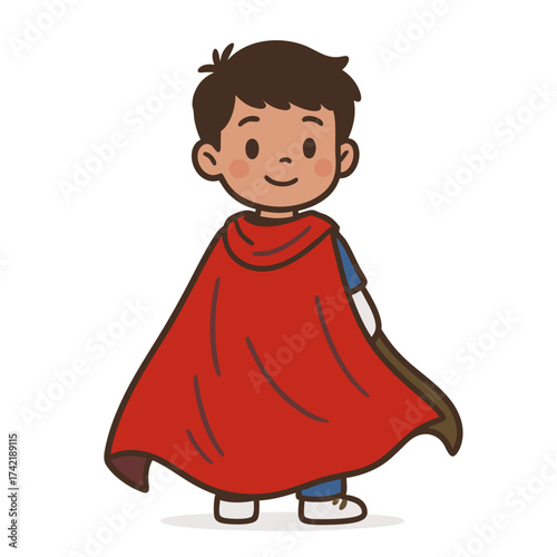 Cute cartoon boy with brown hair and a happy smile wearing a red superhero cape.