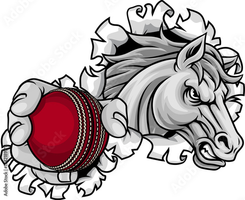 Horse mustang bronco stallion cricket angry sports team mascot holding a ball.