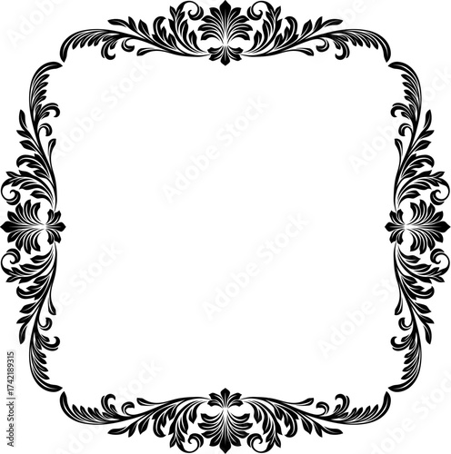 A filigree heraldic crest motif floral pattern border frame. Original design in a vintage style.