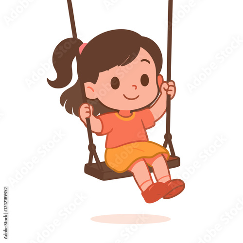 Cute cartoon girl with brown ponytail happily swinging wearing an orange shirt and yellow skirt smiling cheerfully.