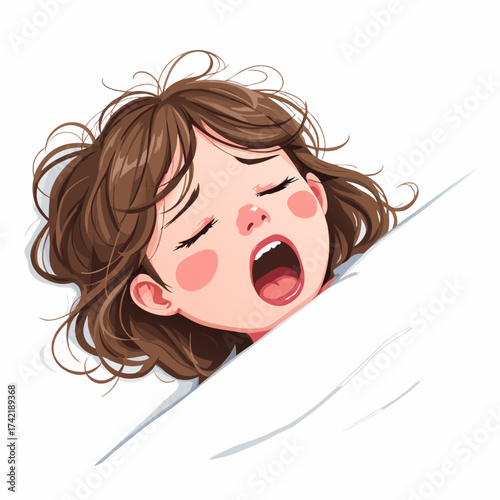 Cute cartoon girl with messy brown hair yawning widely eyes closed rosy cheeks.
