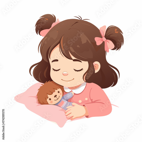 Cute cartoon girl with pink hair bows sleeping peacefully hugging a small doll on a pillow.