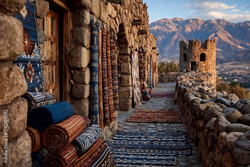 Discover exquisite rugs and carpets in a historic stone building with stunning mountain views, perfect for adding cultural flair to your home decor projects