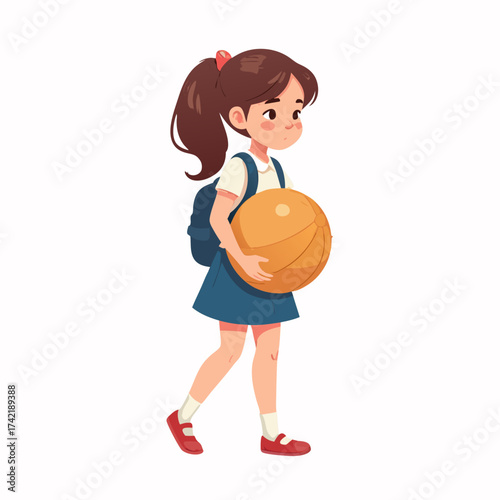 Cute cartoon schoolgirl with white pigtails and a backpack walking while holding an orange basketball.
