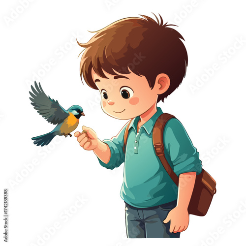 Cute cartoon schoolboy with a brown satchel smiling at a small blue and yellow bird.