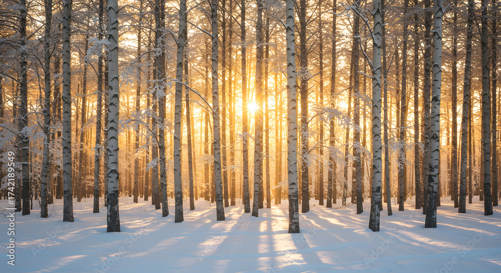 Obraz premium sunset in the forest winter snow