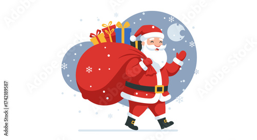 Santa Claus carries a sack of gifts waving in a winter scene