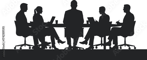 Business meeting silhouettes people sitting around table discussing work corporate teamwork concept flat design style isolated on transparent background