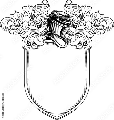 Coat of arms crest knight family medieval shield heraldry heraldic armorial motif. Featuring a knights helm helmet in a vintage etching engraving woodcut style