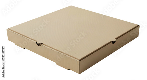 Cardboard square pizza box, closed, diagonally oriented