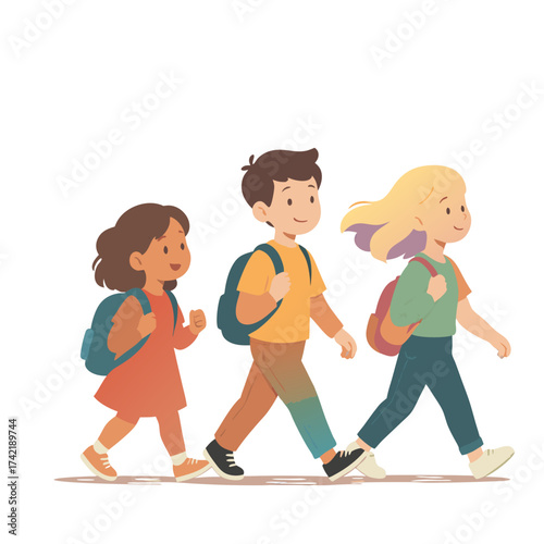 Diverse group of children walking to school with backpacks.