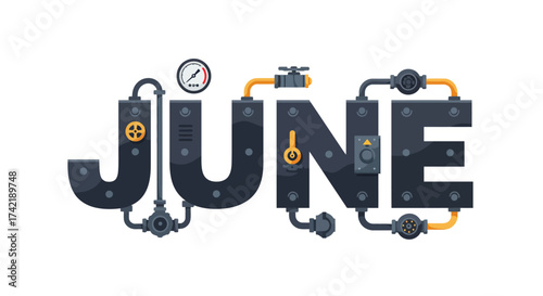 Steampunk June text with pipes valves and a pressure gauge against a white background
