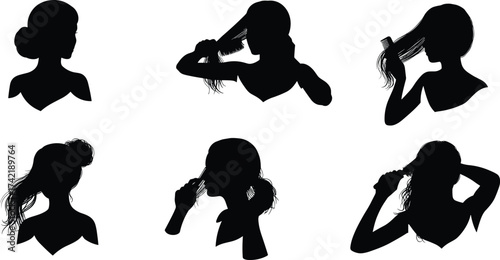 Silhouette of woman brushing and styling hair, beauty routine, self care concept, female grooming, minimalist black vector design illustration