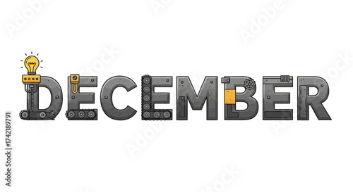 The word DECEMBER depicted in an industrial metallic font with elements of machinery and construction