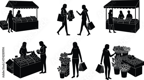 Silhouette of women shopping at market stalls, buying fruits and flowers, outdoor marketplace illustration, retail and lifestyle vector design