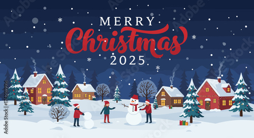 Christmas scene three children build a snowman in a snowy village