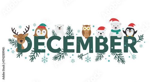 DECEMBER is decorated with winter animals deer owls polar bears penguin snowflakes  pine branches