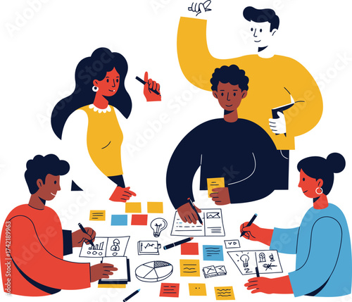 Diverse team collaborates on project planning at table with sticky notes and drawings isolated on transparent background