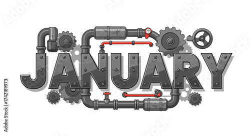 JANUARY crafted from industrial pipes and gears presented with a steampunk aesthetic on a white background