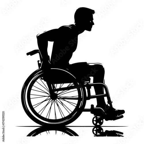 Disabled man in wheelchair silhouette riding forward