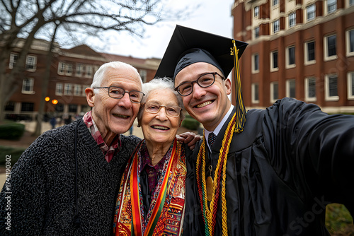 Happy graduate with grandparent family takes selfie. proud celebration of academic achievement and life milestone