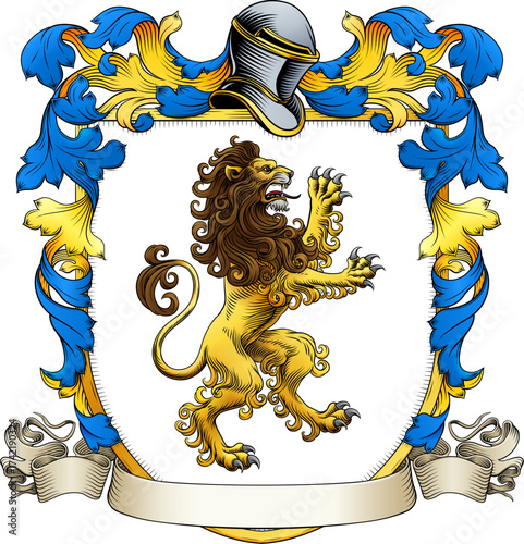 A lion coat of arms or crest family heraldry medieval heraldic knight shield with helmet and acanthus filigree scroll ornament in a vintage woodcut style.