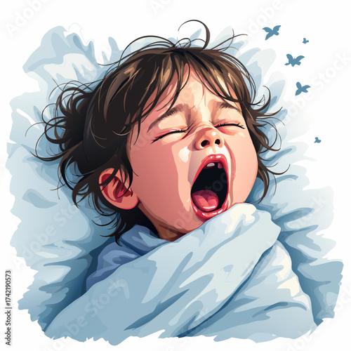 Expressive vector illustration of a sleepy toddler with messy hair yawning widely while wrapped in a soft blue blanket.