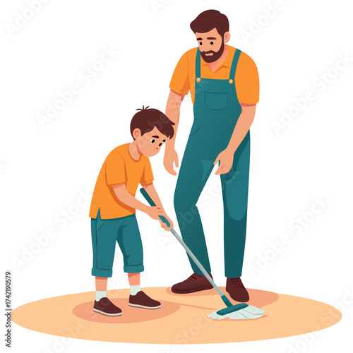 Father and Son Cleaning Together with Mop Orange Shirt and Teal Pants.