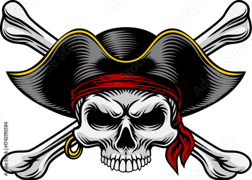 Pirate skull crossbones wearing a tricorn captain hat with crossing bones. In a vintage retro woodcut style.