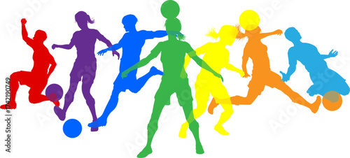 Soccer football player male and female colorful silhouette outlines men and women group