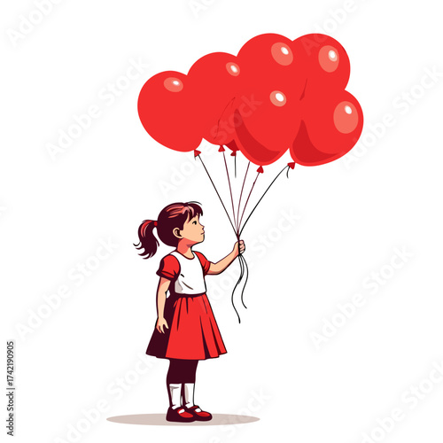 Girl with Red Balloons Cartoon Style Youthful Innocence Vector Illustration.