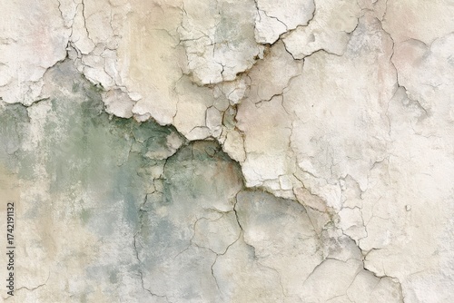 A weathered, cracked exterior wall displays a palette of muted pastels and muted greens, showcasing a textured surface with deep fissures.