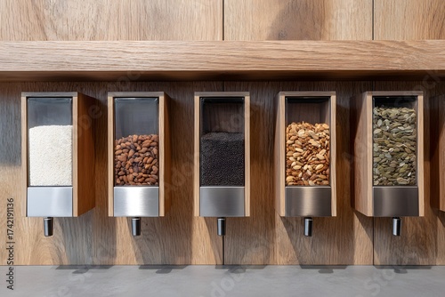 Dispensers filled with rice, beans, seeds, and nuts are on display Generative AI